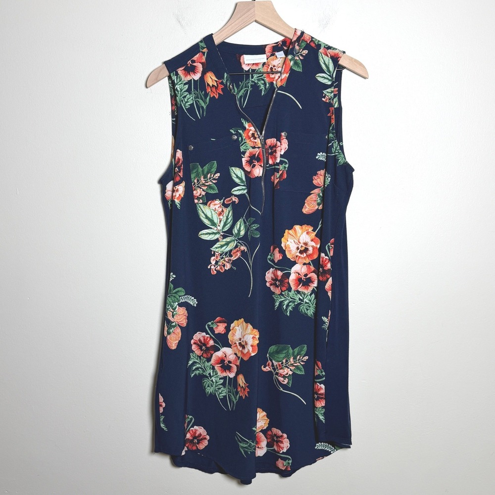 New York & Company Womens Dress L Navy Floral Sleeveless Zip Botanical Casual